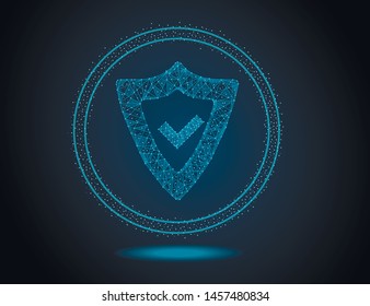 Security, safe, privacy, business concept template. Polygonal check mark on shield. Illustration in the form of a starry sky, lines, dots, polygon