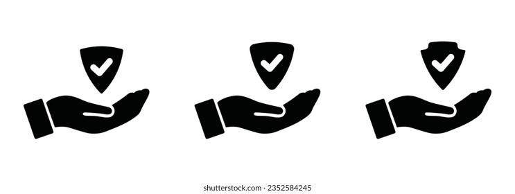 Icono de seguridad y protección en la mano de tres en color negro. Protector de seguridad sobre el icono de la mano de la palma con marca de verificación, marca de graduación, marca derecha y marca sí. Ilustración vectorial en color blanco y negro.