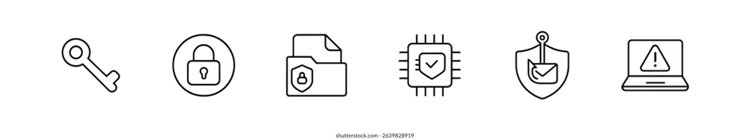 Security and safety icon set. key, lock, file protection in outline style