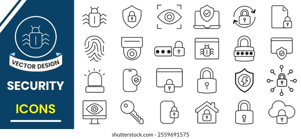 Security, Safety,  icon, vector design. Shield security symbol for your web site design, app, logo. Protection thin line icons, sign and symbol. Containing safe, shield, lock, security, alarm icon.  