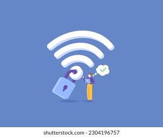 Seguridad o seguridad de la conexión a Internet en la red inalámbrica, protección de la red para el acceso a Internet. Cifrado Wifi. Contraseña WiFi, usuario del portátil se conecta a una red WiFi que contiene una contraseña