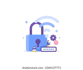 Security or safety of internet connection on wireless network, network protection for internet access. Wifi Encryption. Wi-Fi password setup. an IT team configuring a wifi network. vector illustration