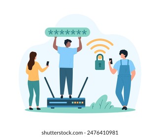Security and safety of internet connection, safe wireless network. Tiny people protect access to router signal with password and encryption, connect to hotspot point cartoon vector illustration
