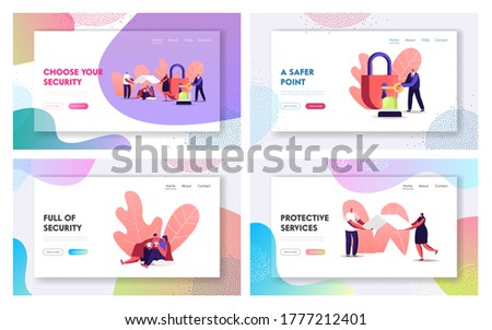 Security, Safety Landing Page Template Set. Characters Drinking Coffee Sitting under Roof, Tiny Man Closing Huge Lock with Key, Signaling. Home and Life Protection. Cartoon People Vector Illustration