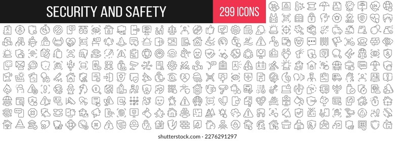 Security and safety linear icons collection. Big set of 299 thin line icons in black. Vector illustration