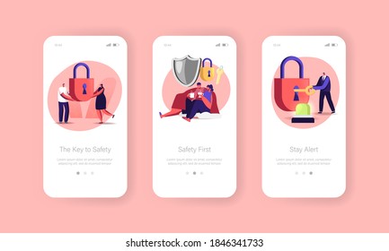 Security and Safety Mobile App Page Onboard Screen Template. Characters Sitting under Plaid, Man Closing Lock with Key, Signaling. Home and Life Protection Concept. Cartoon People Vector Illustration