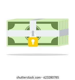 Security safety protection lock on money bill on white background, flat style, saving concept