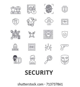 Security, safety, protection, lock, safe, guard, insurance, cctv, control line icons. Editable strokes. Flat design vector illustration symbol concept. Linear isolated signs