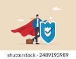 Security safety, protection or shielding insurance, privacy protect, defense from cyber attack, safeguard, guarantee or threats control concept, businessman superhero holding strong protection shield.