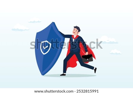 Security safety, protection or shielding insurance, privacy protect, defence from cyber attack, safeguard, guarantee or threats control concept, businessman superhero holding strong protection shield