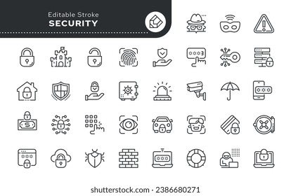 Security, safety and security. Shield, locking padlock, password and safe key. Data protection, smart home and cyber security. Authentication by fingerprints, retina and face. Line icon set.