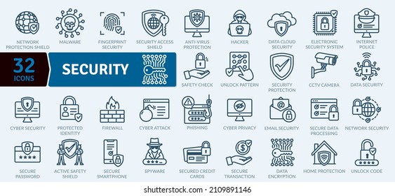 Iconos de la tecnología de seguridad y protección Pack Vector. Colección de iconos de línea delgada. Conjunto de iconos de esquema