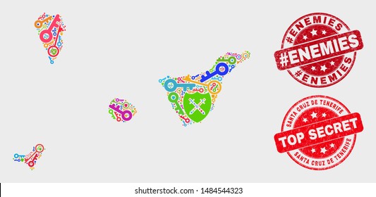 Security Santa Cruz de Tenerife Province map and stamps. Red rounded Top Secret and #Enemies distress stamps. Colorful Santa Cruz de Tenerife Province map mosaic of different security elements.