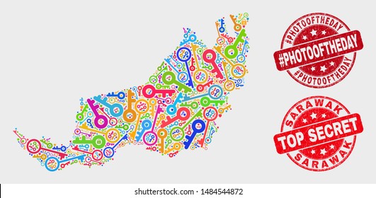 Security Sarawak State map and stamps. Red round Top Secret and #Photooftheday textured watermarks. Colorful Sarawak State map mosaic of different security icons.