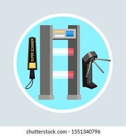 Security Scanner Flat Vector Illustration. Entrance Gate With Card Access. Building Security System. Airport Custom Control Checkpoint, Subway Entry. Metal Detector. Public Place Safety Control