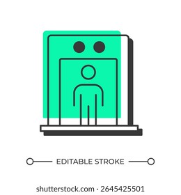 Security scanner gate offset shadow line icon. Person walking through metal detector. Guard equipment. Bold outline symbol with solid green fill. Modern flat illustration. Editable stroke