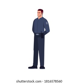 Security semi flat RGB color vector illustration. Man in dark blue uniform stand. Male enforcement agent. Patrol cop. Safeguard for bank. Police officer isolated cartoon character on white background