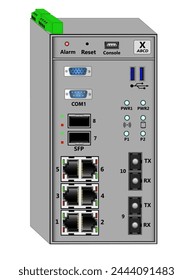 Security server for DIN rail mounting. Contains RJ-45 ports, 2 fiber optic SC ports, 3 SFP, 2 USB ports, COM and VGA ports. At the top are power and RS-485 connectors. 3d vector illustration.