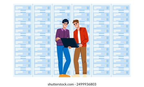 security server maintenance vector. patching updates, performance optimization, hardware software security server maintenance character. people flat cartoon illustration