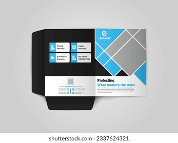 Security Service Business Presentation folder for files, design. Body Guard, cctv camera, Website security service, technology service design. Modern Presentation Folder Design.