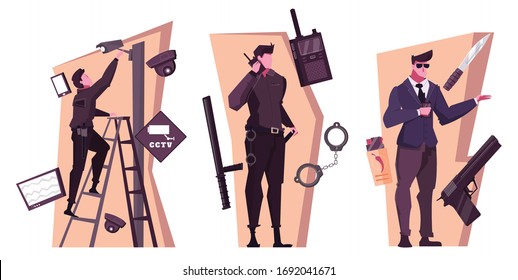 Security Service Flat Compositions With People Working Bodyguard Home And Office Safety Isolated Vector Illustration