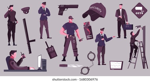 Servicio de seguridad conjunto plano de personajes masculinos que desempeñan sus funciones oficiales ilustraciones vectoriales aisladas