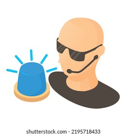 Security service icon isometric vector. Security guard and blue flashing beacon. Business, service, professional bodyguard