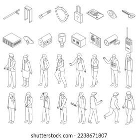 Security service icons set. Isometric set of security service vector icons outline on white thin line collection