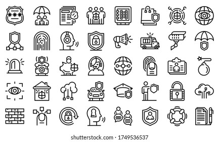 Security service icons set. Outline set of security service vector icons for web design isolated on white background