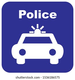 Security service, information sign, white silhouette of police car on blue background.
