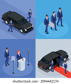 Security service isometric concept with private escort officers bodyguards protecting politicians stepping out of auto celebrities vector illustration