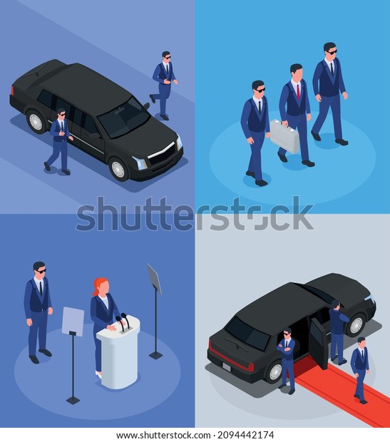 Security service isometric concept with\
private escort officers bodyguards protecting politicians stepping\
out of auto celebrities vector\
illustration