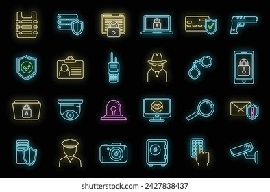 Security service scan icons set. Outline set of security service scan vector icons neon color on black