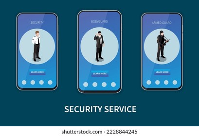 Conjunto de servicios de seguridad de tres smartphones con aplicación móvil que proporcionan información sobre guardaespaldas y guardias armados ilustración vectorial isométrica