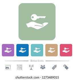 Security service white flat icons on color rounded square backgrounds. 6 bonus icons included