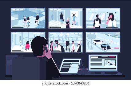 Security service worker sitting in dark control room in front of monitors displaying video from surveillance cameras, watching and talking on phone. Back view. Flat cartoon vector illustration