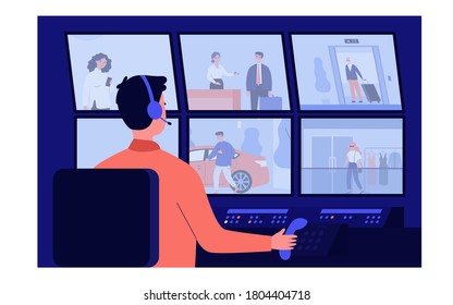 Security Service Worker Sitting In Dark Control Room Flat Vector Illustration. Cartoon Guard Character Watching Monitors With Video From Surveillance Cameras. CCTV And Computer System Concept