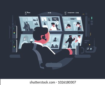 Security service worker watching surveillance cameras on screens. Vector illustration