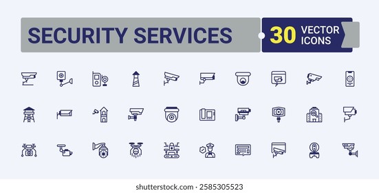 Security Services collection. Containing key, insurance, guard, safe, unlock and more. Minimalistic icons. Solid line editable stroke. Vector line and solid icons.