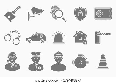 Security services Icons set - Vector silhouettes of key, lock, camera, padlock, door, building, signaling for the site or interface