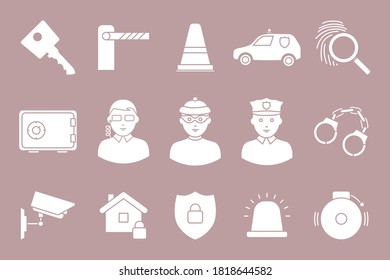 Security services Icons set - Vector silhouettes of key, lock, camera, padlock, door, building, signaling for the site or interface