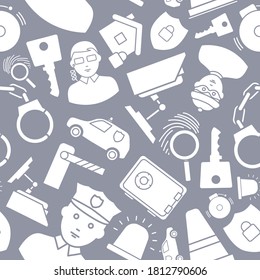 Security services - Vector background (seamless pattern) of silhouettes key, lock, camera, padlock, door, building, signaling for graphic design