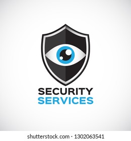 Security services vector logo. Shield with eye logo template. Security watching logo.