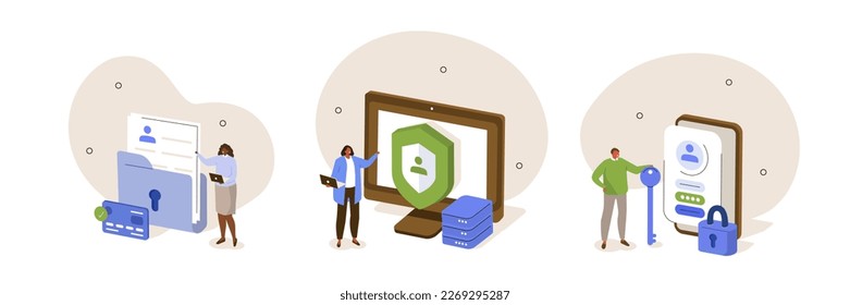 IT security set. Characters using cybersecurity services to protect private personal data, credit card pin, user account password. Data protection concept. Vector illustration.