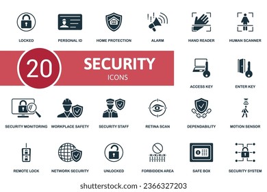 Security set. Creative icons: locked, personal id, home protection, alarm, hand reader, human scanner, access key, enter key, security monitoring, workplace safety, security staff, retina scan