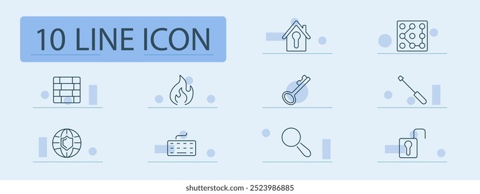 Security set icon. House, firewall, fire, key, lock, grid, magnifying glass, screwdriver, shield, map, encryption, protection, access, identification, keyhole, repair, safety, internet, home, safe.