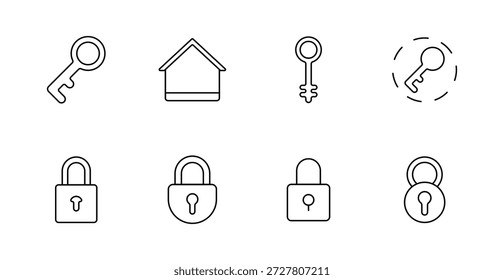 Ícone do conjunto de segurança. Chave, casa, cadeado, destravar, símbolo, cofre, guarda, proteção, metal, privacidade, acesso, objeto, entrada, controle