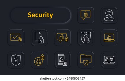 Icono de conjunto de seguridad. Candado, archivo, usuario, escudo, ubicación, portátil, carpeta, candado. Protección de datos y concepto de privacidad. Icono de línea de Vector sobre fondo oscuro.