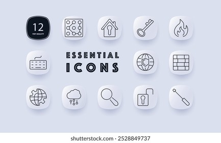 Security set icon. Pattern lock, house lock, key, firewall, privacy shield, global security, weather protection, magnifying glass, padlock, screwdriver. Perfect for cybersecurity, protection,