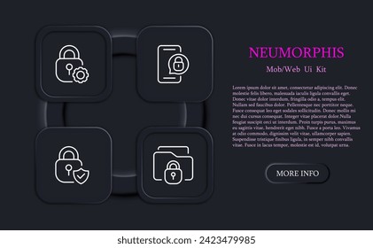 Security set line icon. Key, door, well, lock, master key, house, safe. Neomorphism style. Vector line icon. Vector line icon for business and advertising